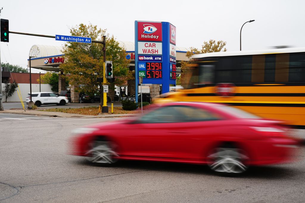 Diesel prices are seen at a gas station as prices hit a record high in the U.S., Friday, Sept. 4, 2026 in Minneapolis. (AP Photo/Ellen Schmidt)