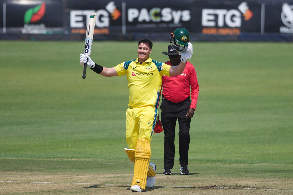 Australia's batsman Matt Renshaw celebrates his century during the first One Day International cricket match between Zimbabwe and Australia in Harare, Zimbabwe, Tuesday, Sept.15, 2026. (AP Photo/Wonder Mashura)