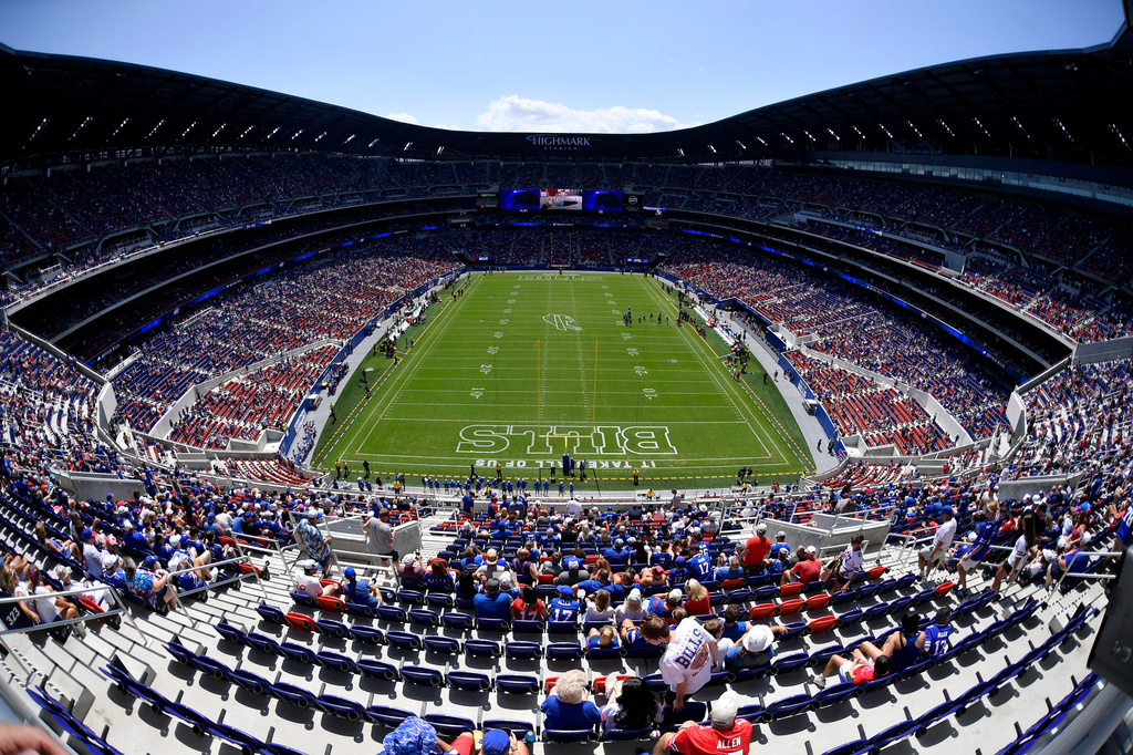 Fans find their seats in Highmark Stadium before a preseason NFL football game between the Buffalo Bills and the Carolina Panthers, Saturday, Aug. 15, 2026, in Orchard Park, N.Y. (AP Photo/Adrian Kraus)