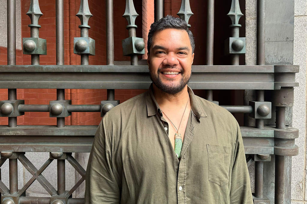 Samoan tenor Pene Pati poses outside of the Park Avenue Armory in New York on Sept. 25, 2025. (AP Photo/Ron Blum)