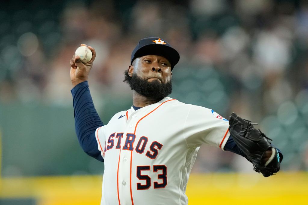 Houston Astros starting pitcher Cristian Javier throws against the Los Angeles Angels during the first inning of a baseball game Tuesday, Aug. 18, 2026, in Houston. (AP Photo/David J. Phillip)
