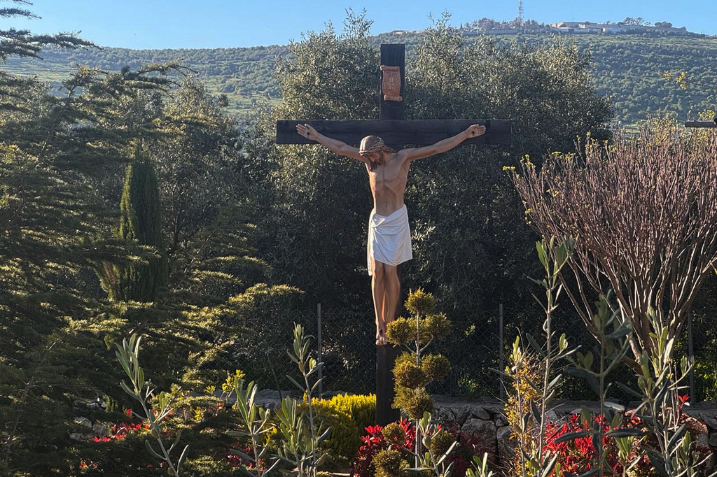 A new crucifix that was sent by Italy to replace the one that was defaced last week by an Israeli soldier stands in the Christian village of Debel, south Lebanon, Wednesday, April 22, 2026. (Houssam Naddaf via AP)