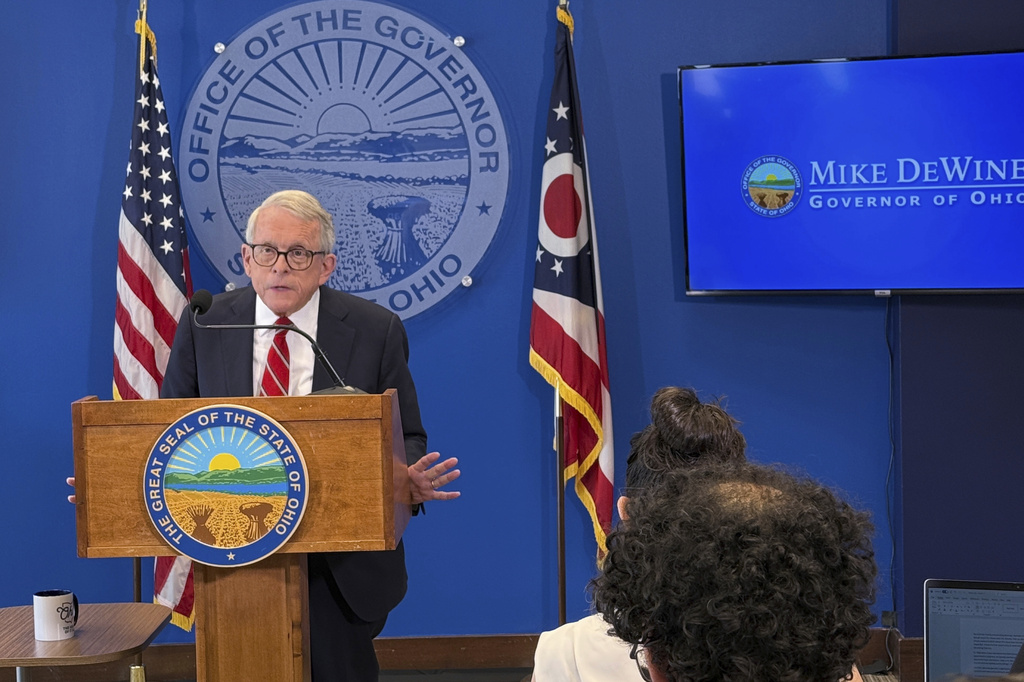 Ohio Gov. Mike DeWine speaks at a news conference on Tuesday, June 16, 2026, in Columbus, Ohio. (AP Photo/Patrick Aftoora-Orsagos)