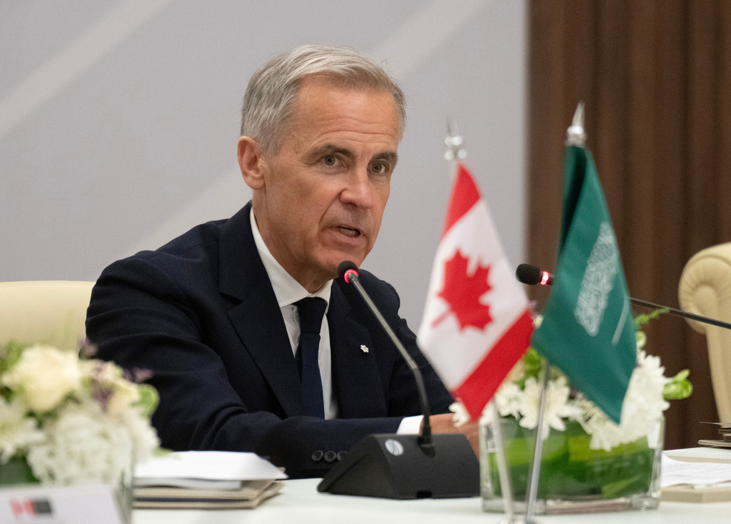 Canada Prime Minister Mark Carney delivers closing remarks at a business forum in Jeddah, Saudi Arabia, Thursday, July 9, 2026. (Adrian Wyld/The Canadian Press via AP)