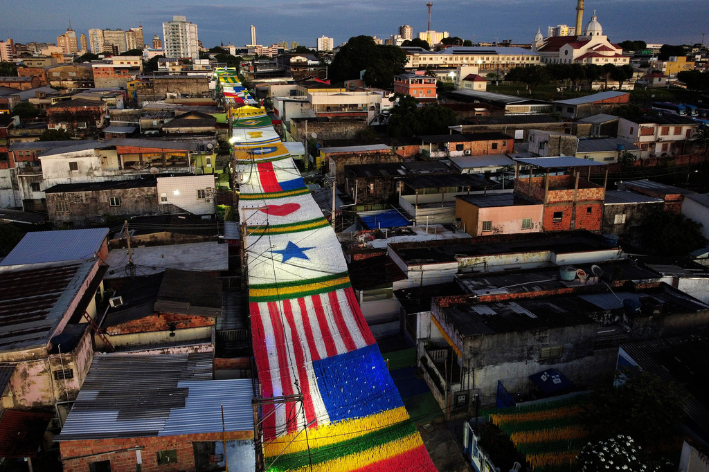 FILE - A decorated street is seen at dawn as residents prepare to watch the World Cup match between Brazil and Morocco, in Manaus, Brazil, June 13, 2026. (AP Photo/Edmar Barros, File)