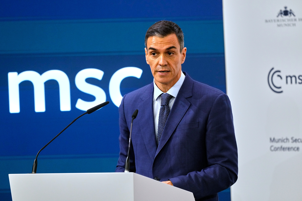 Spain's Prime Minister Pedro Sanchez speaks during a panel discussion at the Munich Security Conference in Munich, Germany, Saturday, Feb. 14, 2026. (AP Photo/Michael Probst)
