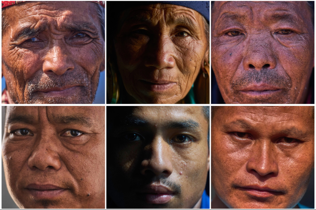 This combination of six posed photographs shows, clockwise from top left, Birbal Tamang, Nima Choying Tamang, Kancha Ghale, Norchi Ghale, Buddha Tamang, and Chheku Lama, all survivors of Nepal's 2015 earthquake and the flash floods in August this year, in Nepal's Nuwakot district, Sept. 23, 2026. (AP Photo/Niranjan Shrestha)