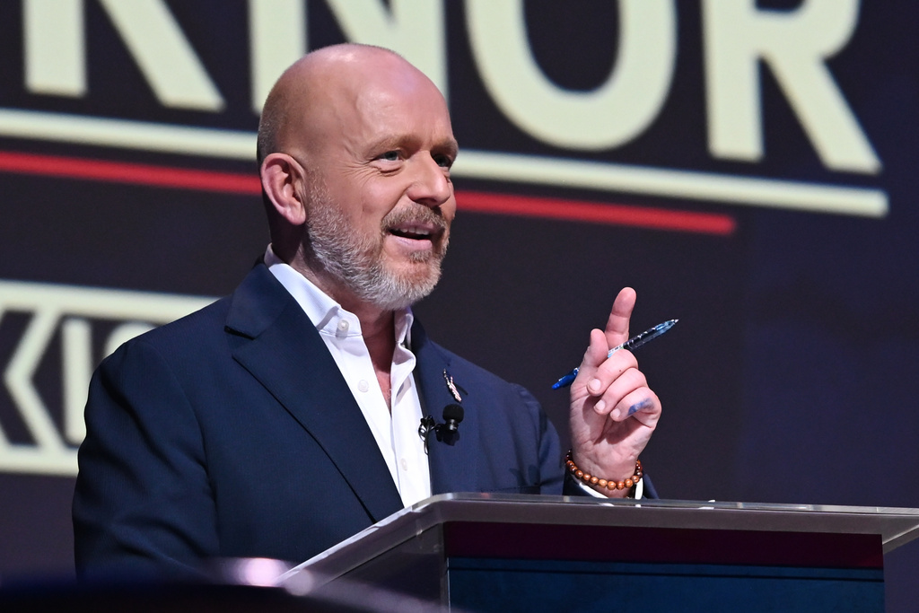 FILE - Steve Hilton speaks during the California gubernatorial candidate debate, Feb. 3, 2026, in San Francisco. (AP Photo/Laure Andrillon, File)