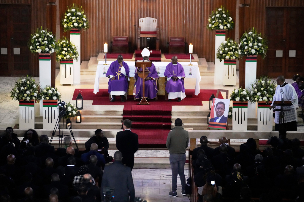 FILE - A Mass for former Zambian President Edgar Lungu is celebrated at the Cathedral of Christ the King, in Johannesburg, South Africa, Wednesday, June 25, 2025. (AP Photo/Themba Hadebe, File)