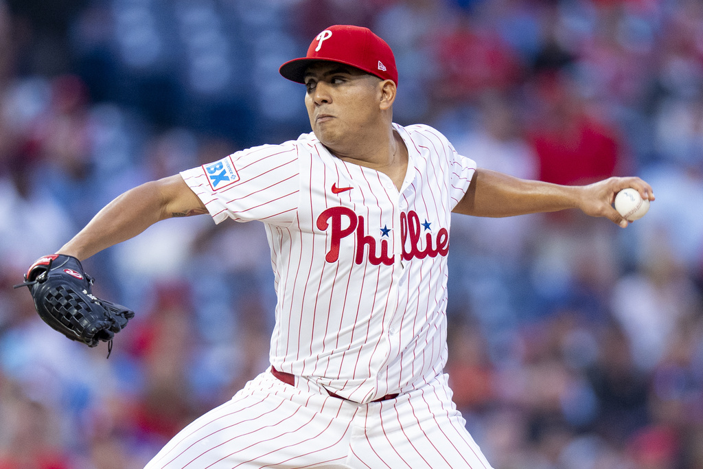 Philadelphia Phillies starting pitcher Ranger Suarez delivers during the first inning of a baseball game against the New York Mets, Tuesday, Sep. 9, 2025, in Philadelphia. (AP Photo/Chris Szagola)