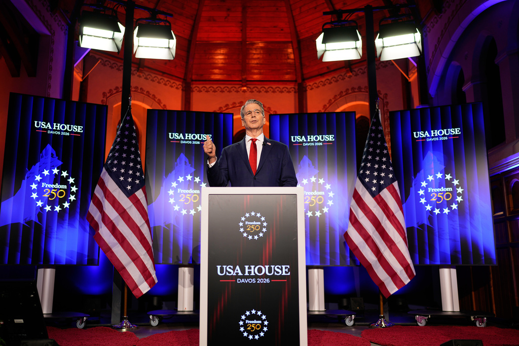 Scott Bessent, US Secretary of the Treasury, holds a speech at the USA House during the Annual Meeting of the World Economic Forum in Davos, Switzerland, Tuesday, Jan. 20, 2026. (AP Photo/Markus Schreiber)