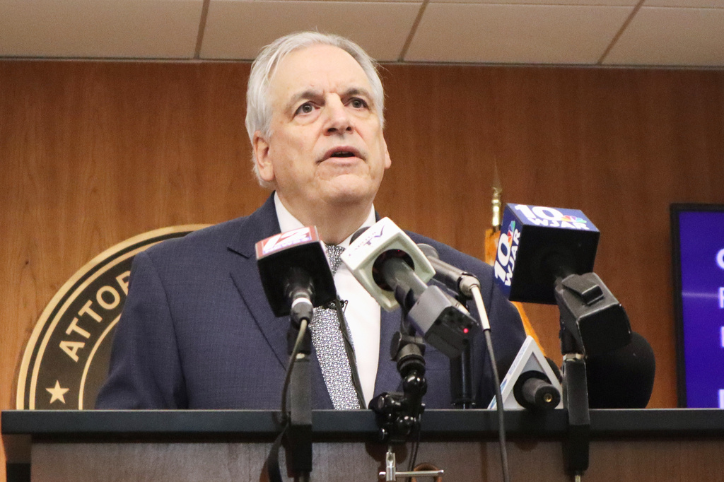 Rhode Island Attorney General Peter Neronha speaks during a press conference at the Rhode Island Attorney General's Office in Providence, R.I., on Wednesday, March 4, 2026. (AP Photo/Leah Willingham)