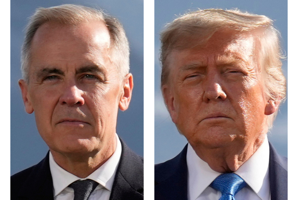 This combination of images shows Canada's Prime Minister Mark Carney and President Donald Trump during a group photo at the G7 Summit, June 16, 2025, in Kananaskis, Canada. (AP Photo/Mark Schiefelbein)