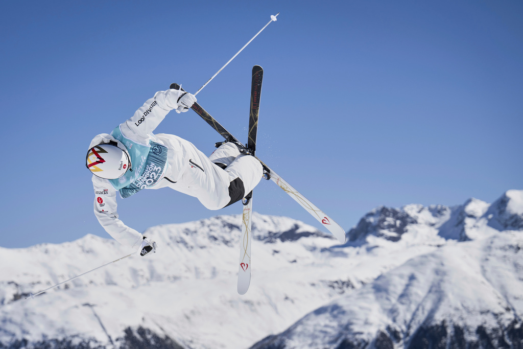 FILE - Canada's Mikael Kingsbury competes in the men's moguls at the Freestyle World Championships in St. Moritz, Switzerland, Wednesday, March 19, 2025. (Gian Ehrenzeller/Keystone via AP, File)