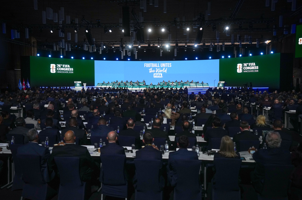 Delegates gather for the 76th FIFA Congress in Vancouver, British Columbia, Thursday, April 30, 2026. (Darryl Dyck/The Canadian Press via AP)