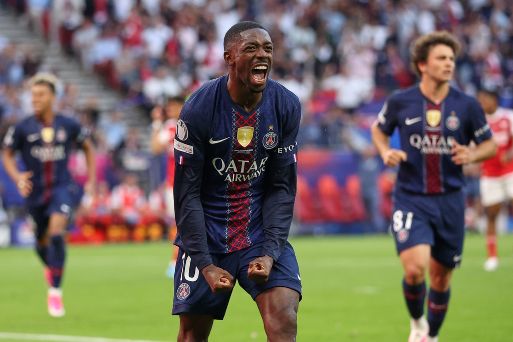 PSG's Ousmane Dembele celebrates after scoring from a penalty kick during the Champions League final soccer match between Paris Saint-Germain and Arsenal in Budapest, Hungary, Saturday, May 30, 2026. AP Photo/Armin Durgut)