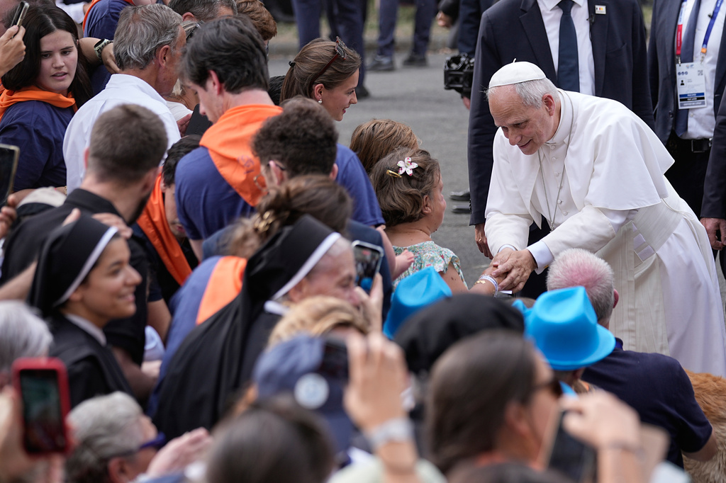 Pope Leo XIV meets with staff and guests of Accueil Notre-Dame and sick people at the Sanctuary of Our Lady of Lourdes, France, Sunday, Sept. 27, 2026. (AP Photo/Laurent Cipriani)