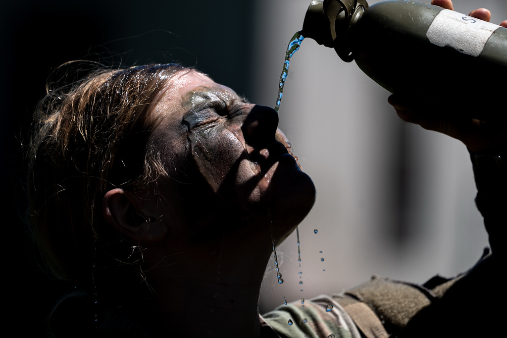 A cadet cools down before competing in functional fitness during the Sandhurst Military Skills Competition at the United States Military Academy in West Point, N.Y., Friday, May 1, 2026. (AP Photo/Julia Demaree Nikhinson)