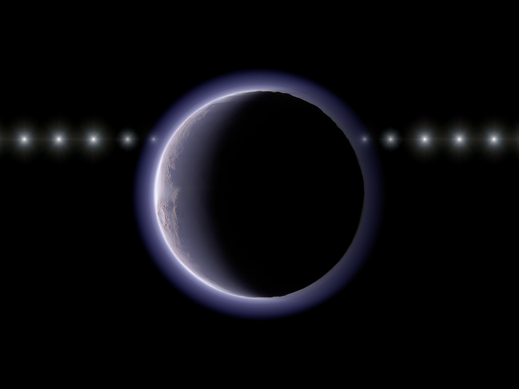 This image provided by NAOJ shows artist’s impression of the trans-Neptunian object (612533) 2002 XV93 occulting a background star. Observations of a stellar occultation in January 2024 revealed gradual fading and recovery of the starlight, providing evidence for a very thin atmosphere around the object. (Ko Arimatsu/NAOJ via AP)
