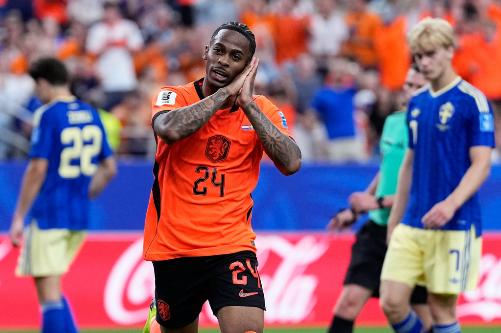 Netherlands' Crysencio Summerville celebrates after scoring his side's fifth goal during the World Cup Group F soccer match between the Netherlands and Sweden in Houston, Saturday, June 20, 2026. (AP Photo/Ashley Landis)