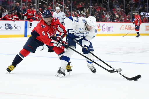 Washington Capitals left wing Alex Ovechkin (8) battles for the puck against Tampa Bay Lightning defenseman Victor Hedman (77) during the first period of an NHL hockey game, Tuesday, Oct. 14, 2025, in Washington. (AP Photo/Nick Wass) Washington Capitals left wing Alex Ovechkin (8) battles for the puck against Tampa Bay Lightning defenseman Victor Hedman (77) during the first period of an NHL hockey game, Tuesday, Oct. 14, 2025, in Washington. (AP Photo/Nick Wass)