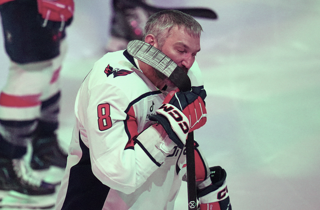 Washington Capitals left wing Alex Ovechkin reacts before an NHL hockey game against the Columbus Blue Jackets Tuesday, April 14, 2026, in Columbus, Ohio. (AP Photo/Sue Ogrocki)