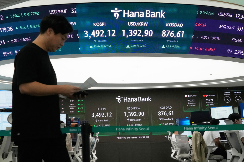 A currency trader passes by a screen showing the Korea Composite Stock Price Index (KOSPI), top center left, and the foreign exchange rate between U.S. dollar and South Korean won, top center, at the foreign exchange dealing room of the Hana Bank headquarters in Seoul, South Korea, Tuesday, Sept. 23, 2025. (AP Photo/Ahn Young-joon)