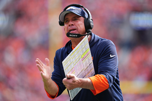 Denver Broncos head coach Sean Payton gestures during the first half of an NFL football game against the New York Giants in Denver, Sunday, Oct. 19, 2025. (AP Photo/Jack Dempsey) Denver Broncos head coach Sean Payton gestures during the first half of an NFL football game against the New York Giants in Denver, Sunday, Oct. 19, 2025. (AP Photo/Jack Dempsey)