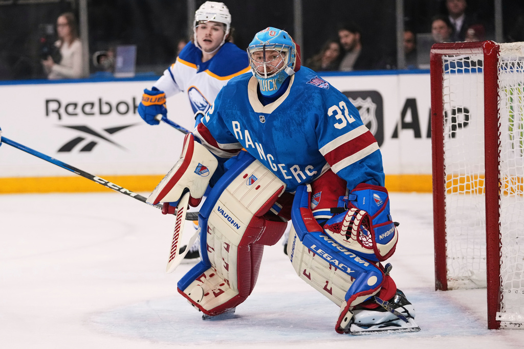 New York Rangers goaltender Jonathan Quick (32) protects the net during the first period of an NHL hockey game against the Buffalo Sabres Thursday, Jan. 8, 2026, in New York. (AP Photo/Frank Franklin II)