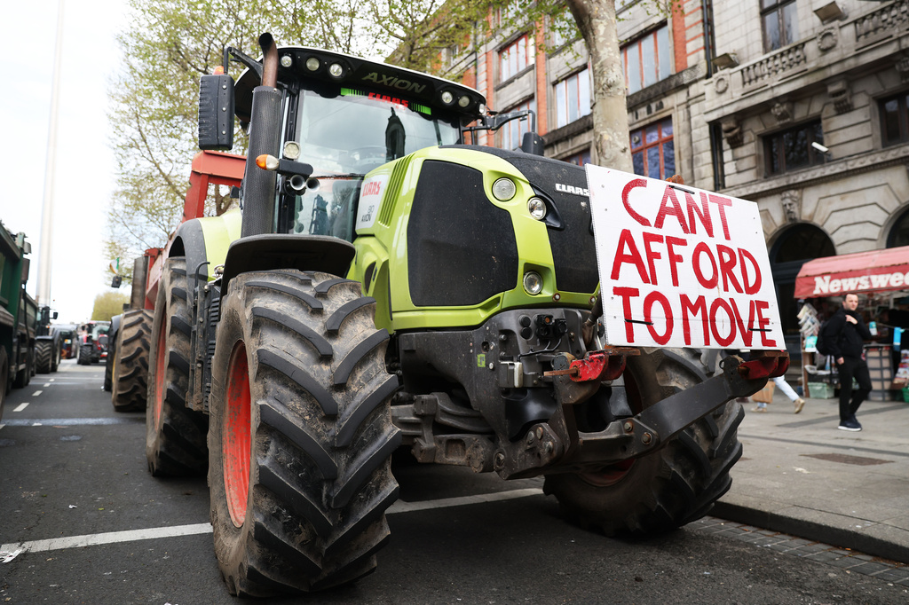 Tractors block O'Connell Street on the fifth day of the National Fuel Protest, in Dublin, Ireland, Saturday, April 11, 2026. (AP Photo/Peter Morrison)