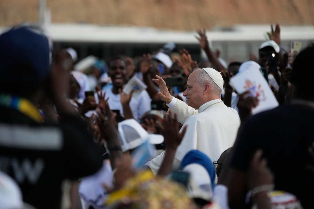 Pope Leo XIV arrives at the esplanade in front of the Sanctuary of Mama Muxima, in Muxima, Angola, Sunday, April 19, 2026. (AP Photo/Themba Hadebe)