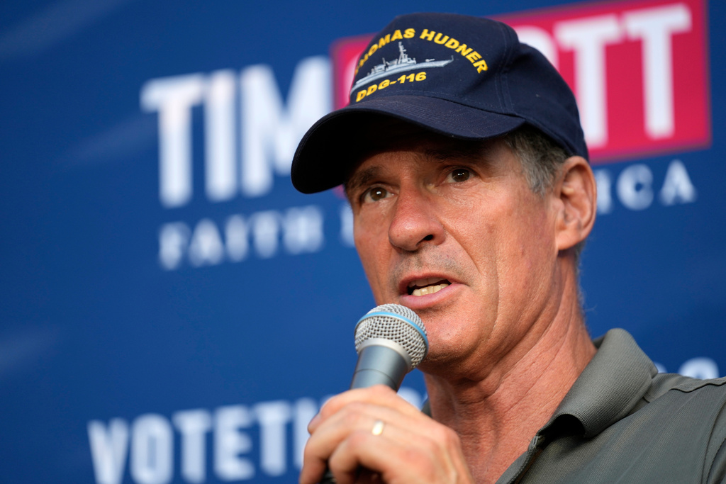 FILE - Former Sen. Scott Brown of Massachusetts hosts a campaign event, Sept. 7, 2023, in Rye, N.H. (AP Photo/Robert F. Bukaty, File)