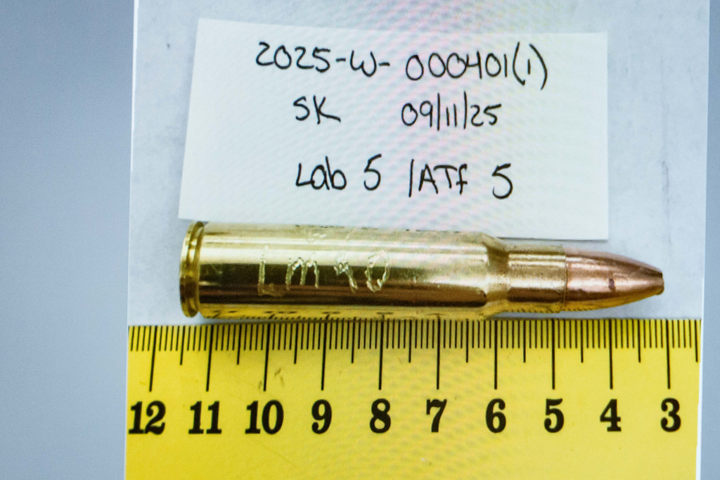 An image of a bullet casing engraved with "LMAO" is displayed during a preliminary hearing for Tyler Robinson, who is accused in the fatal shooting of Charlie Kirk, at the Fourth District Courthouse in Provo, Utah, Thursday, July 9, 2026. (AP Photo/Spenser Heaps, Pool)