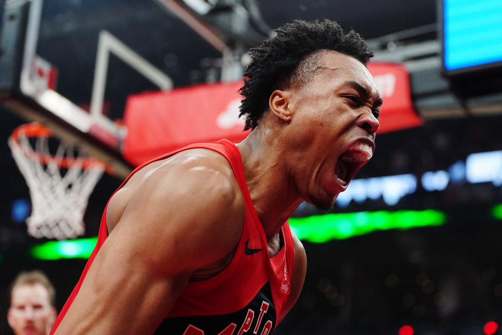 Toronto Raptors' Scottie Barnes celebrates after a play against the Cleveland Cavaliers during the first half of Game 6 in the first round of an NBA basketball playoffs series in Toronto, Friday, May 1, 2026. (Frank Gunn/The Canadian Press via AP)