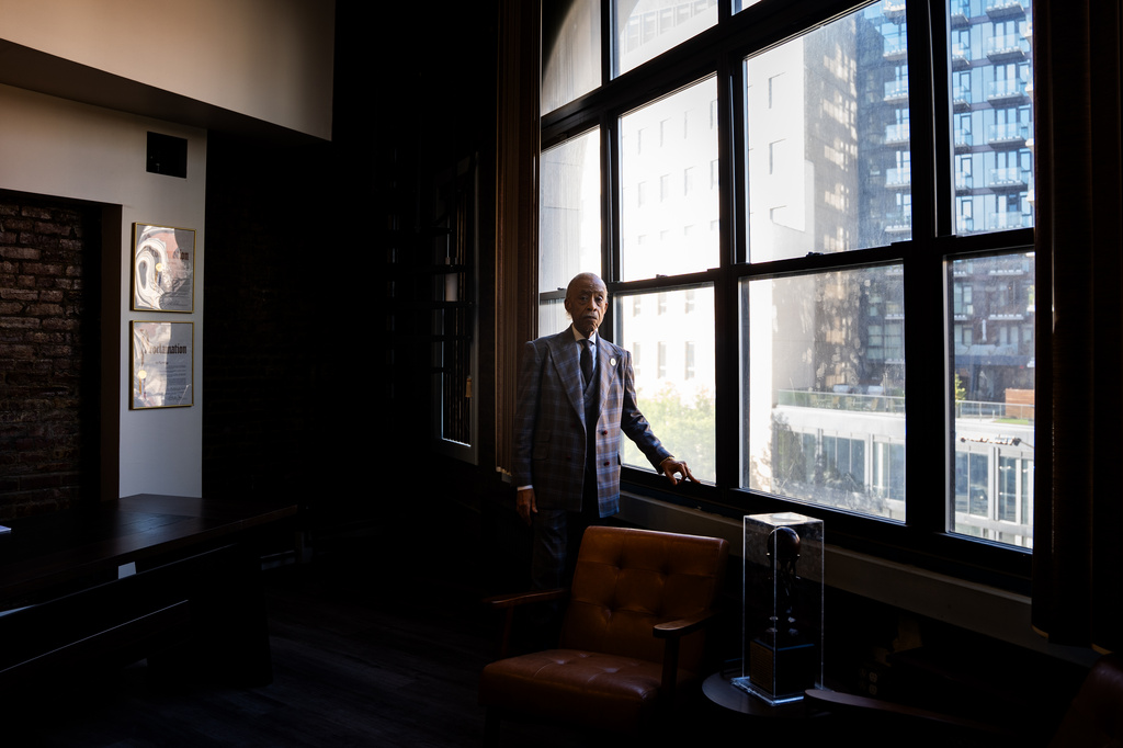 The Rev. Al Sharpton poses for a portrait in his office at the new location of the National Action Network (NAN) House of Justice on Tuesday, June 16, 2026 in New York. (AP Photo/Anna Connors)