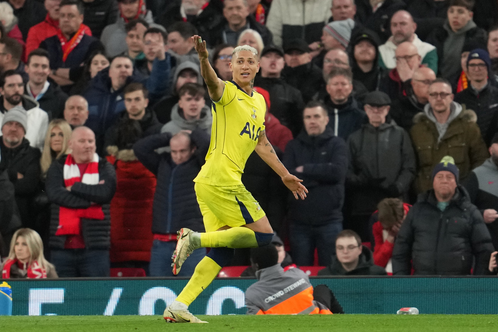 Tottenham's Richarlison celebrates after scoring during the Premier League soccer match between Liverpool and Tottenham in Liverpool, England, Sunday, March 15, 2026. (AP Photo/Jon Super)