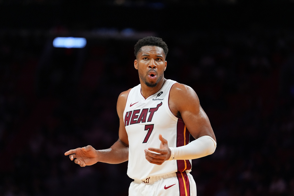 Miami Heat forward Giannis Antetokounmpo reacts after being called for a foul during the first half of an NBA preseason basketball game against the Brooklyn Nets, Wednesday, Oct. 14, 2026, in Miami. (AP Photo/Rebecca Blackwell)