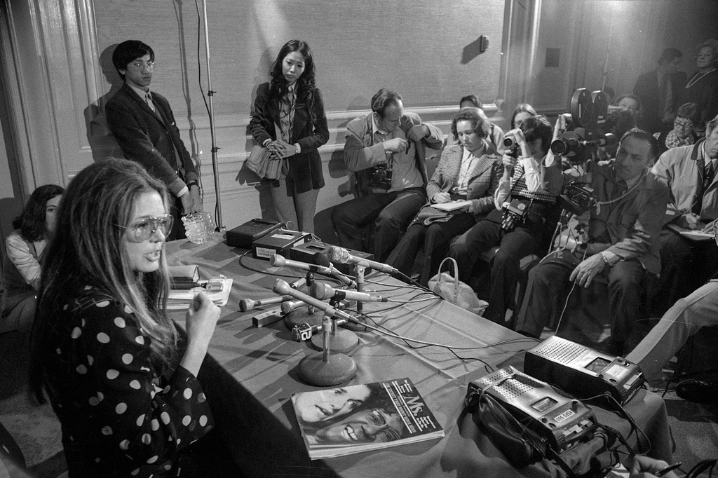 Gloria Steinem, cofounder of Ms. magazine, speaks on the political subjugation of women and the importance of organizing across racial and social differences, to an audience at the College of Marin in Kenfield, Calif., on Jan. 17, 1973. (Bill Young/San Francisco Chronicle via AP)