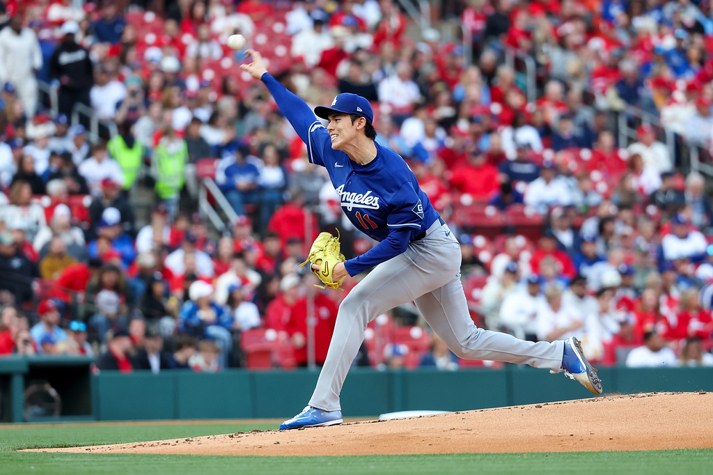 Los Angeles Dodgers pitcher Roki Sasaki throws during the first inning of a baseball game against the St. Louis Cardinals, Saturday, May 2, 2026, in St. Louis. (AP Photo/Scott Kane)