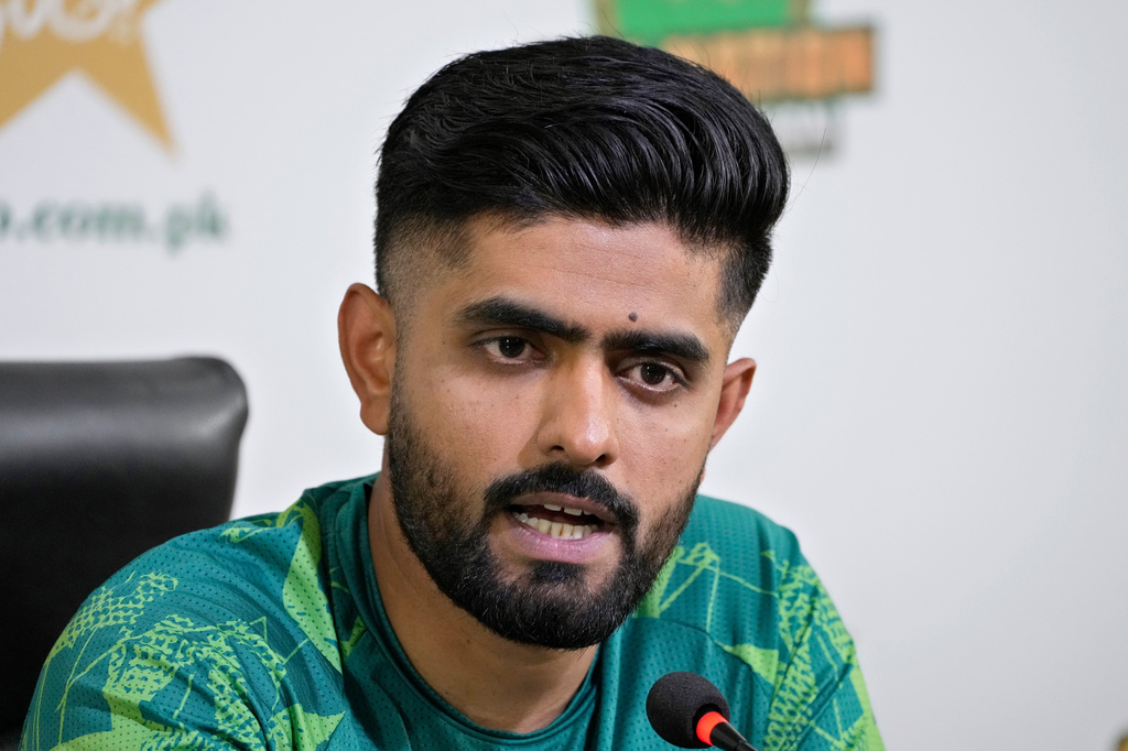 FILE - Pakistan's cricket team skipper Babar Azam speaks during a press conference regarding up coming Twenty20 series against Ireland, England and T20 World Cup, in Lahore, Pakistan, on May 6, 2024. (AP Photo/K.M. Chaudary, File)