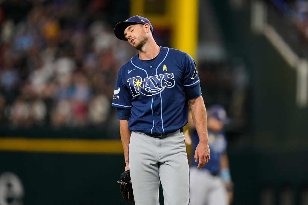 Tampa Bay Rays pitcher Steven Matz turns around on the mound after throwing a pitch to the Texas Rangers during the fifth inning of a baseball game Sunday, Sept. 6, 2026, in Arlington, Texas. (AP Photo/Tony Gutierrez)