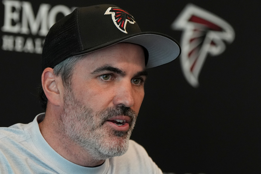 Head Coach Kevin Stefanski speaks during an Atlanta Falcons NFL media availability, Wednesday, April 8, 2026, in Flowery Branch, Ga. (AP Photo/Mike Stewart)