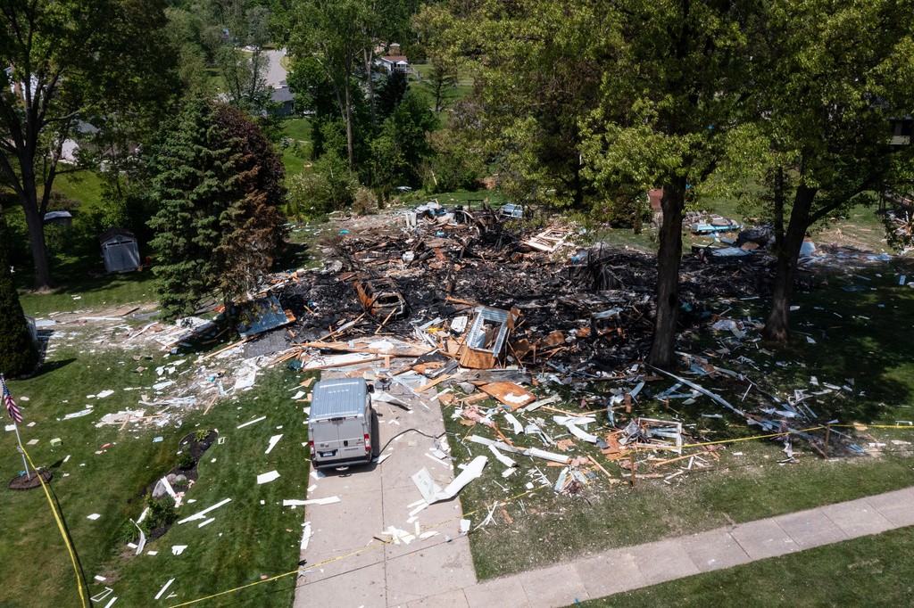 An aerial image shows the aftermath of an explosion that happened in Comstock Park, Mich. on Tuesday, May 26, 2026. (Joel Bissell/Kalamazoo Gazette via AP)