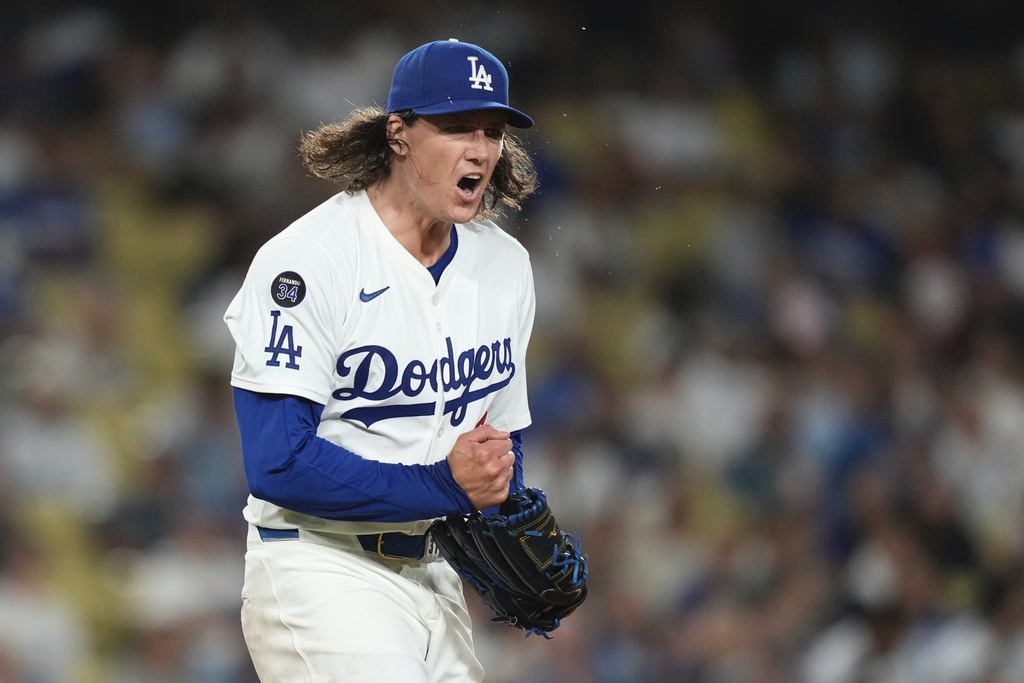 Los Angeles Dodgers starting pitcher Tyler Glasnow celebrates after striking out Colorado Rockies' Ezequiel Tovar to end the top of the seventh inning of a baseball game Monday, Sept. 8, 2025, in Los Angeles. (AP Photo/Mark J. Terrill)