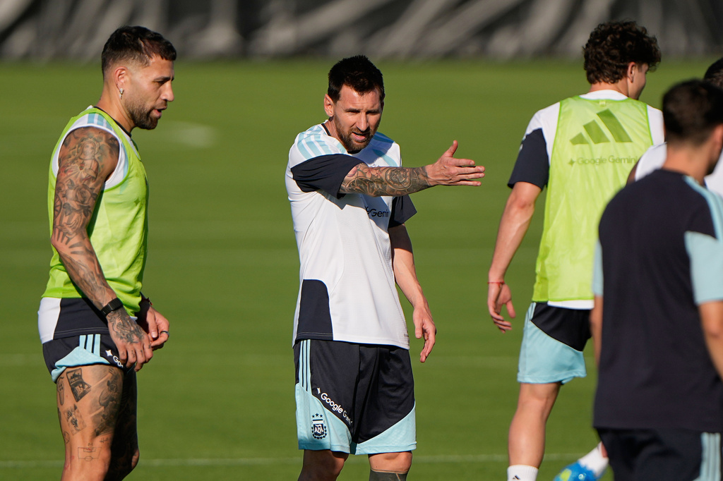Argentina's Lionel Messi motions during practice for the the FIFA World Cup soccer tournament Thursday, June 11, 2026, in Kansas City, Kan. (AP Photo/Charlie Riedel)