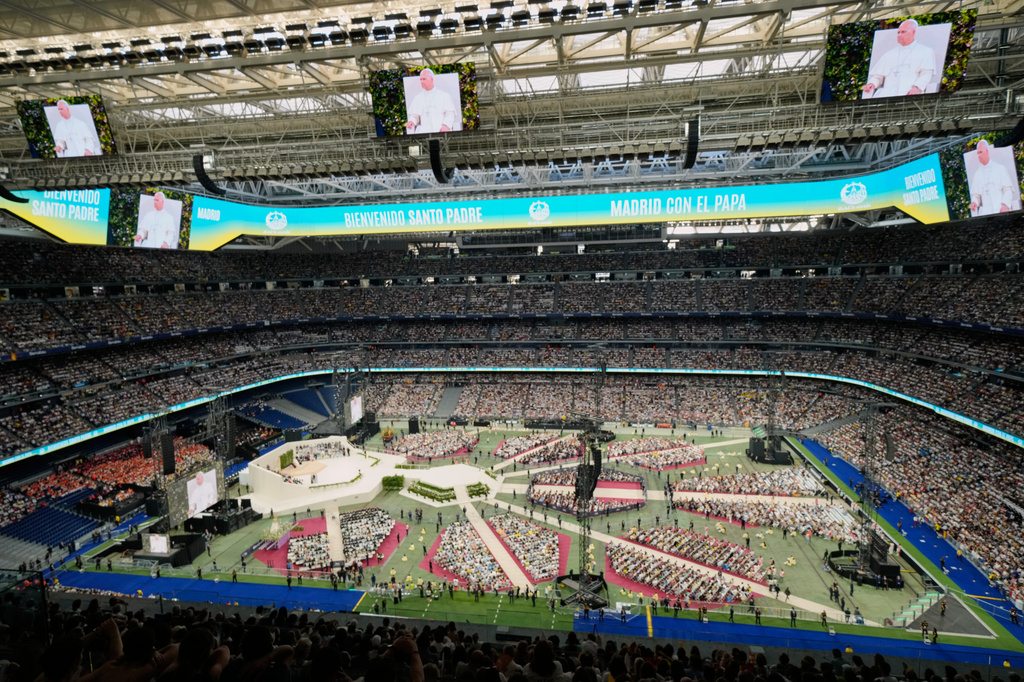 Pope Leo XIV arrives on the occasion of a meeting with the diocesan community at the Santiago Bernabeu stadium in Madrid, Spain, Monday, June 8, 2026. (AP Photo/Bernat Armangue)