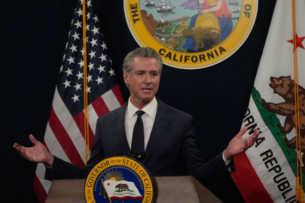 Governor Gavin Newsom speaks about his state budget proposal Thursday, May 14, 2026, in Sacramento, Calif. (AP Photo/Jeff Chiu)