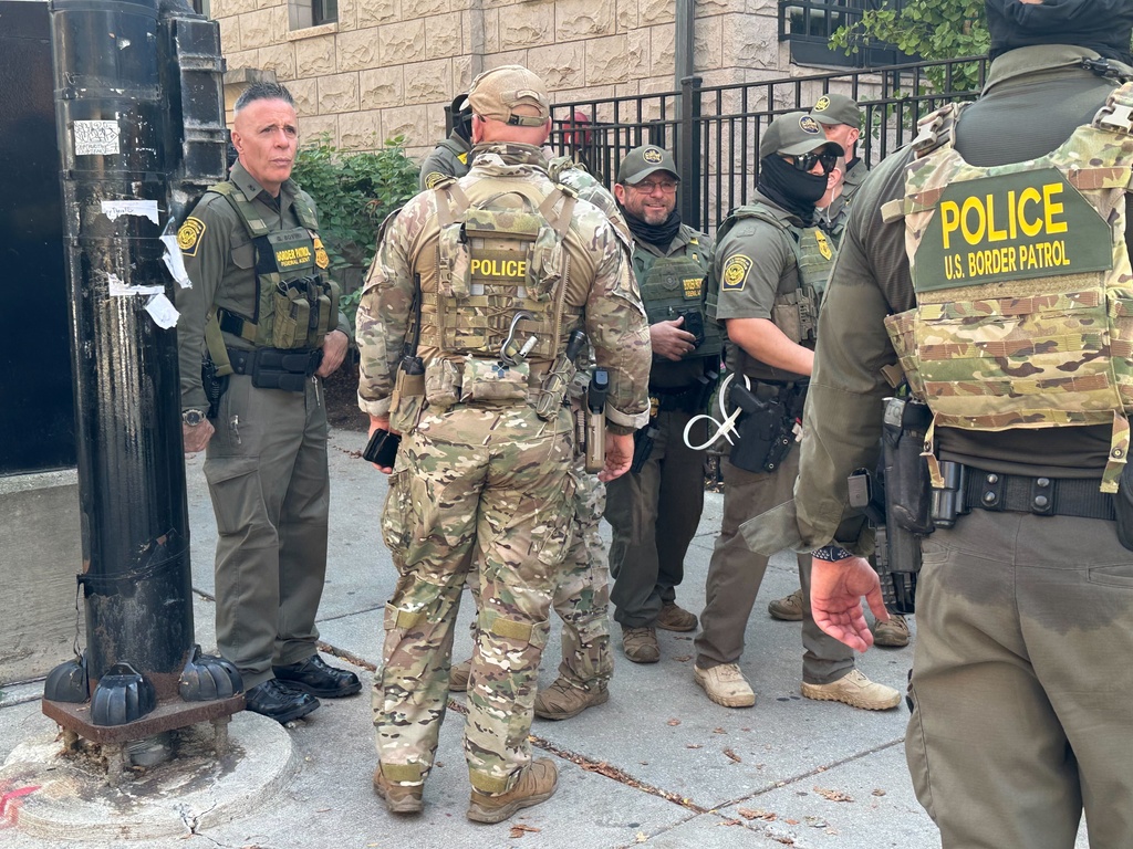 Gregory Bovino, chief patrol agent of the U.S. Border Patrol's El Centro Sector, patrols downtown Chicago with other federal agents Sunday, Sept. 28, 2025. (AP Photo/Sophia Tareen)
