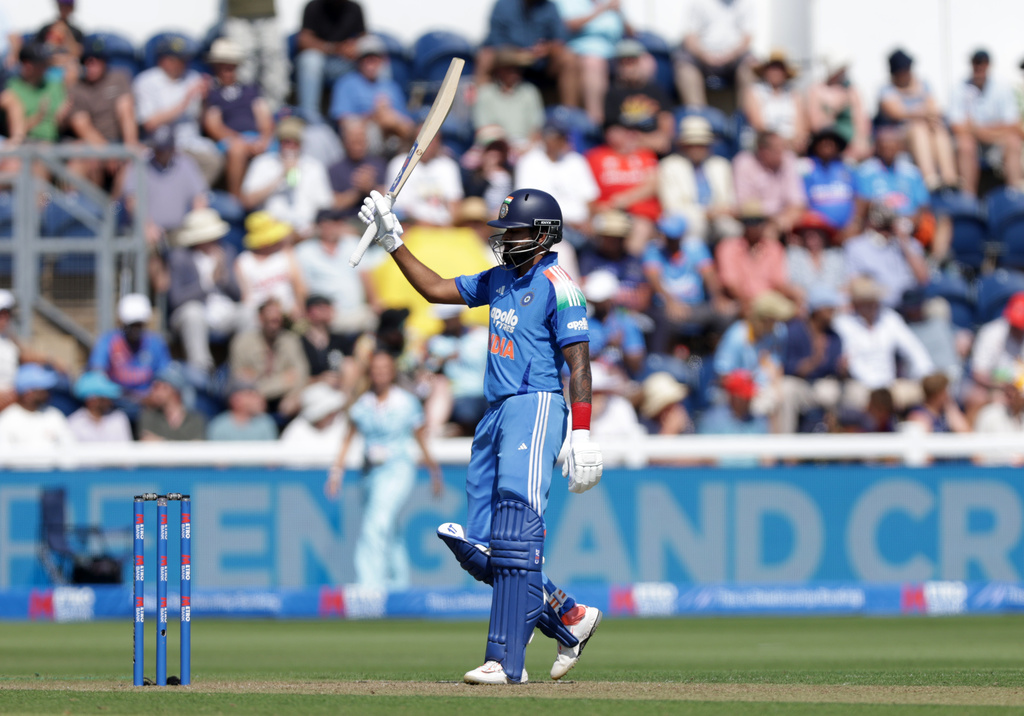 India's Shreyas Iyer celebrates making fifty runs during the second ODI between England and India at Sophia Gardens, Cardiff, Wales, Thursday July 16, 2026. (Steven Paston/PA via AP)