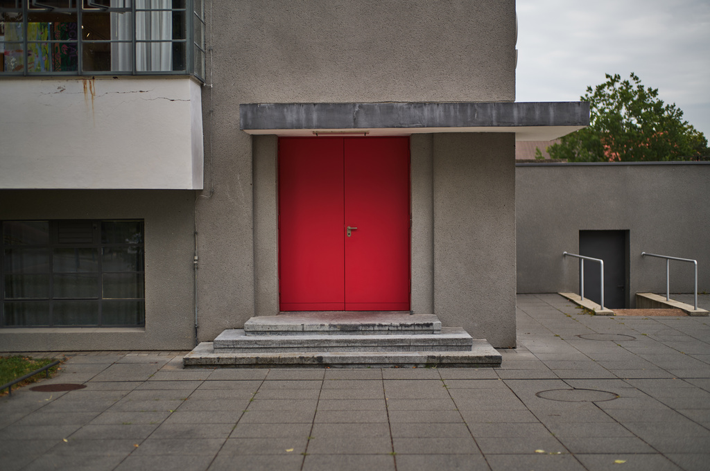 A side entrance at the former Bauhaus design school, which was called an "aberration of modernism" by Germany's far-right Alternative for Germany party, photographed in Dessau, Germany, Aug. 17, 2026. (AP Photo/Markus Schreiber)